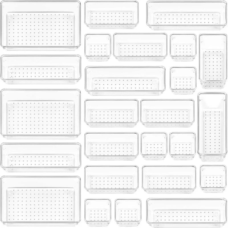 10-częściowy Zestaw Organizerów do Szuflad – Przezroczyste Tace i Przegródki do Kosmetyków i Akcesoriów Kuchennych 12