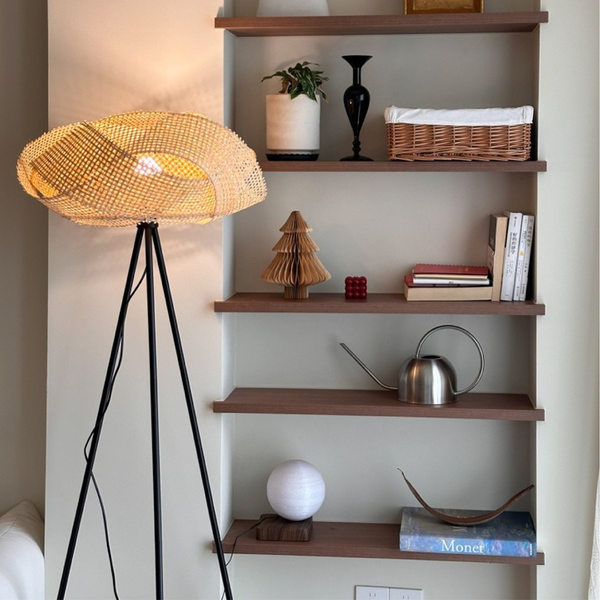 Bambusowa Lampa Podłogowa z Lniany Abażurem – Minimalistyczna Lampa Stojąca do Czytania i Salonu 1