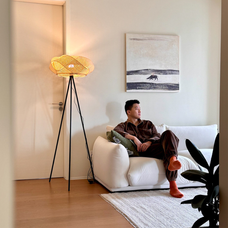 Bambusowa Lampa Podłogowa z Lniany Abażurem – Minimalistyczna Lampa Stojąca do Czytania i Salonu 4