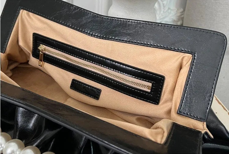 Elegancka Czarna Kopertówka Z Łańcuchem Perłowym Dla Kobiet 5