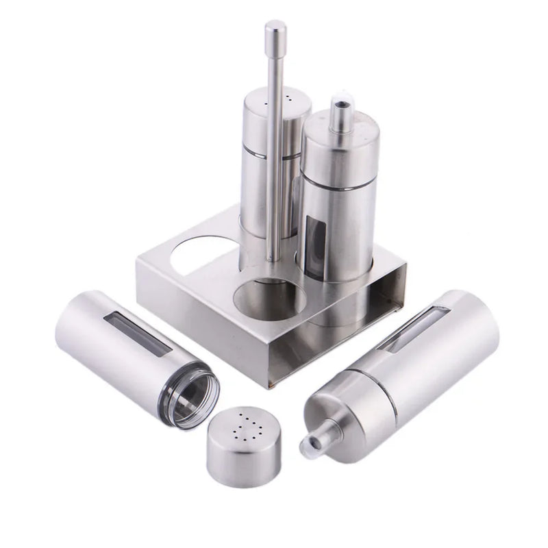 Stylowy komplet młynków RVS z praktycznym i eleganckim stojakiem