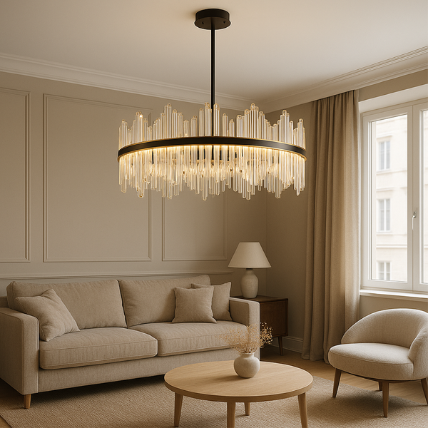 Kryształowy Żyrandol do Salonu w Czarnym Kolorze – Nowoczesny Design LED, Okrągła Rama, Elegancka Dekoracja 1