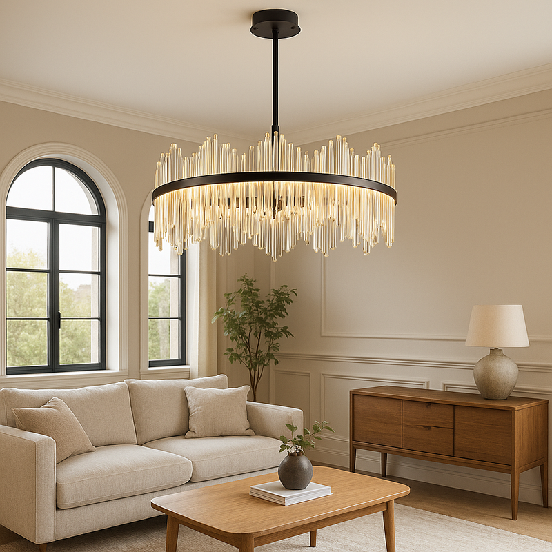 Kryształowy Żyrandol do Salonu w Czarnym Kolorze – Nowoczesny Design LED, Okrągła Rama, Elegancka Dekoracja 3