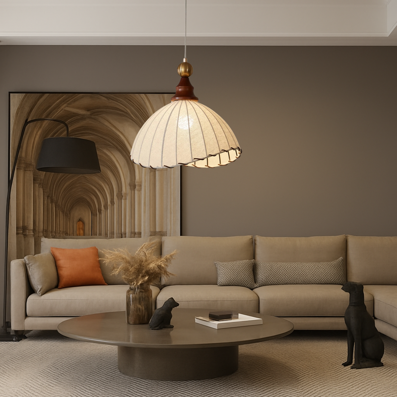 Lampa Wisząca Elonora z Drewnianą Ramą i Tkaninowym Abażurem – Nowoczesna Lampa do Salonów i Jadalni, Regulowana Wysokość 2