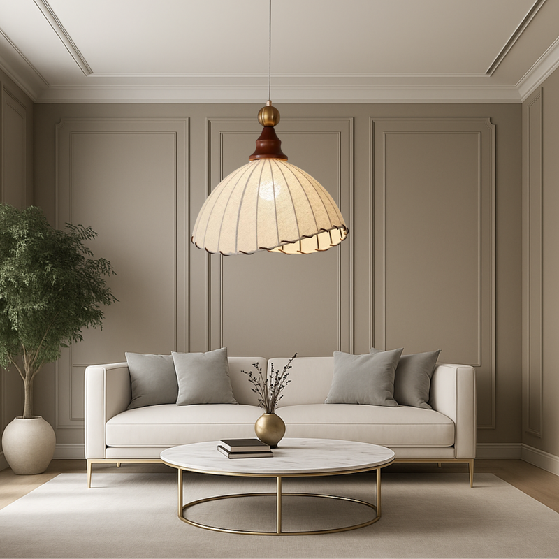 Lampa Wisząca Elonora z Drewnianą Ramą i Tkaninowym Abażurem – Nowoczesna Lampa do Salonów i Jadalni, Regulowana Wysokość 4