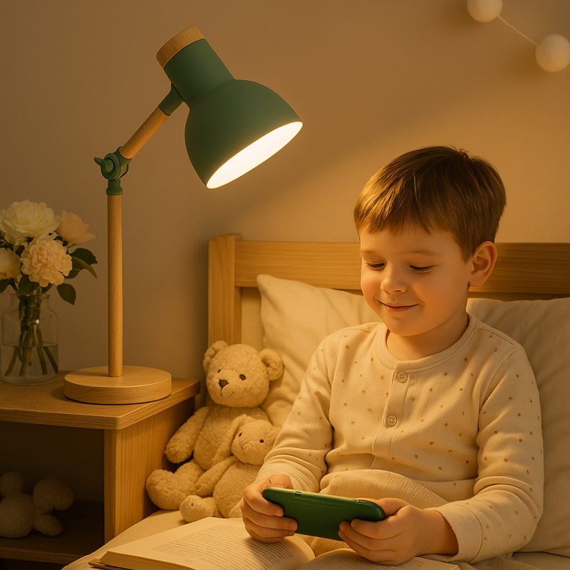 Lampa stołowa z drewnianym wykończeniem w nordyckim stylu