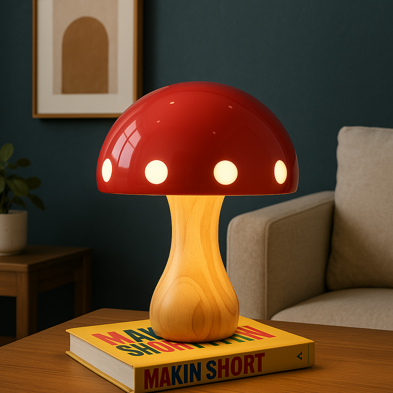 Nowoczesna Lampa Stołowa LED Mushroom – Elegancki Akcent do Jadalni i Baru, Drewno, Żywica, Żelazo, 30 cm Wysokości 1
