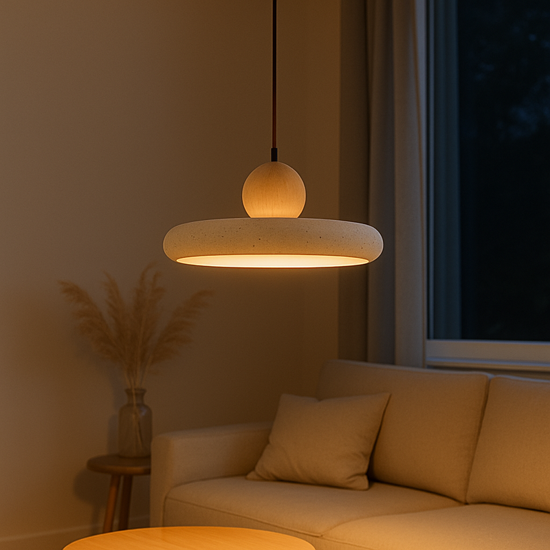 Nowoczesna Lampa Wisząca z Drewna Trawertynowego do Salonu i Jadalni, Lampa Nad Stół z Miękkim Światłem LED 4