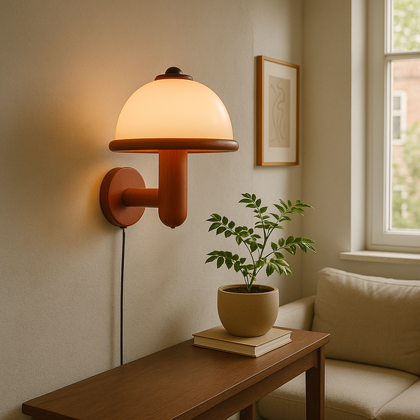 Nowoczesny Kinkiet Ścienny w Kształcie Grzybka z Dębową Podstawą – Lampa LED E14 do Sypialni i Salonu 1