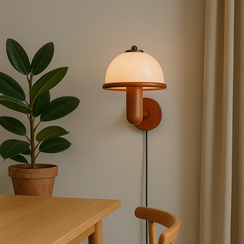 Nowoczesny Kinkiet Ścienny w Kształcie Grzybka z Dębową Podstawą – Lampa LED E14 do Sypialni i Salonu 2