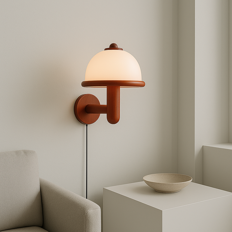 Nowoczesny Kinkiet Ścienny w Kształcie Grzybka z Dębową Podstawą – Lampa LED E14 do Sypialni i Salonu 3