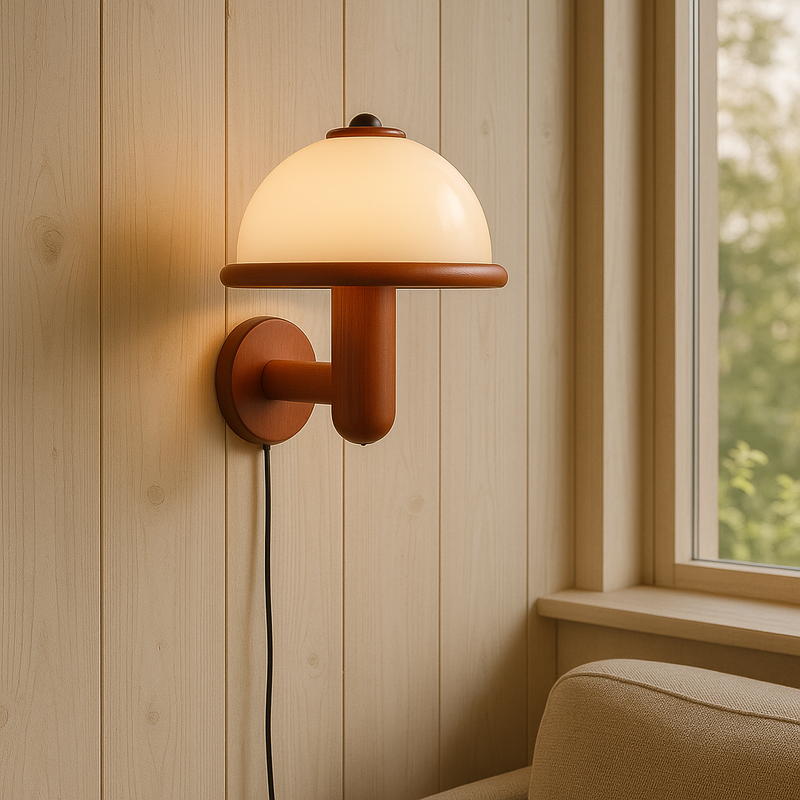 Nowoczesny Kinkiet Ścienny w Kształcie Grzybka z Dębową Podstawą – Lampa LED E14 do Sypialni i Salonu 4