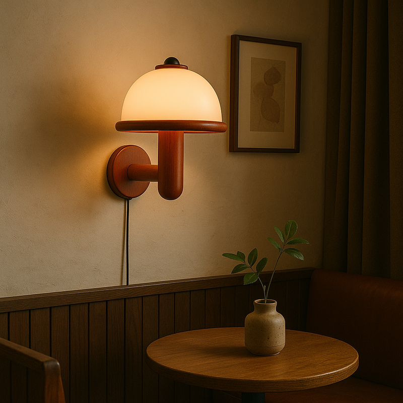 Nowoczesny Kinkiet Ścienny w Kształcie Grzybka z Dębową Podstawą – Lampa LED E14 do Sypialni i Salonu 5