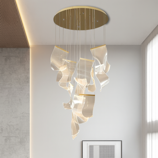 Nowoczesny Złoty Żyrandol do Salonu z Regulowaną Wysokością i Ciepłym Światłem LED – Akrylowy Design do Foyer i Jadalni 0
