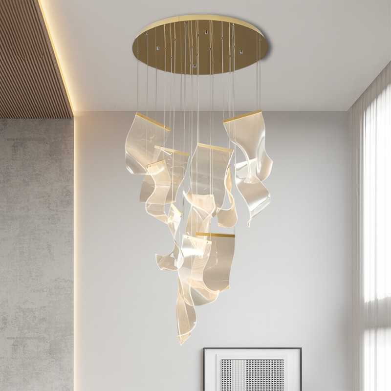 Nowoczesny Złoty Żyrandol do Salonu z Regulowaną Wysokością i Ciepłym Światłem LED – Akrylowy Design do Foyer i Jadalni 0