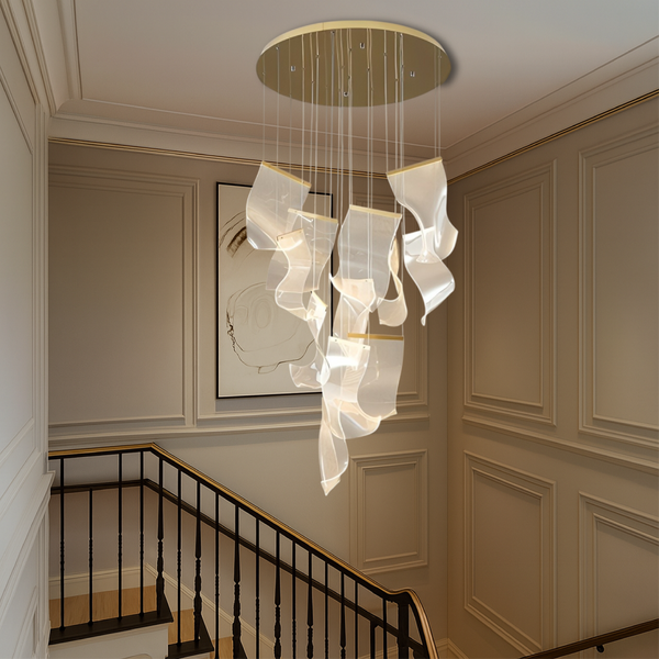 Nowoczesny Złoty Żyrandol do Salonu z Regulowaną Wysokością i Ciepłym Światłem LED – Akrylowy Design do Foyer i Jadalni 1