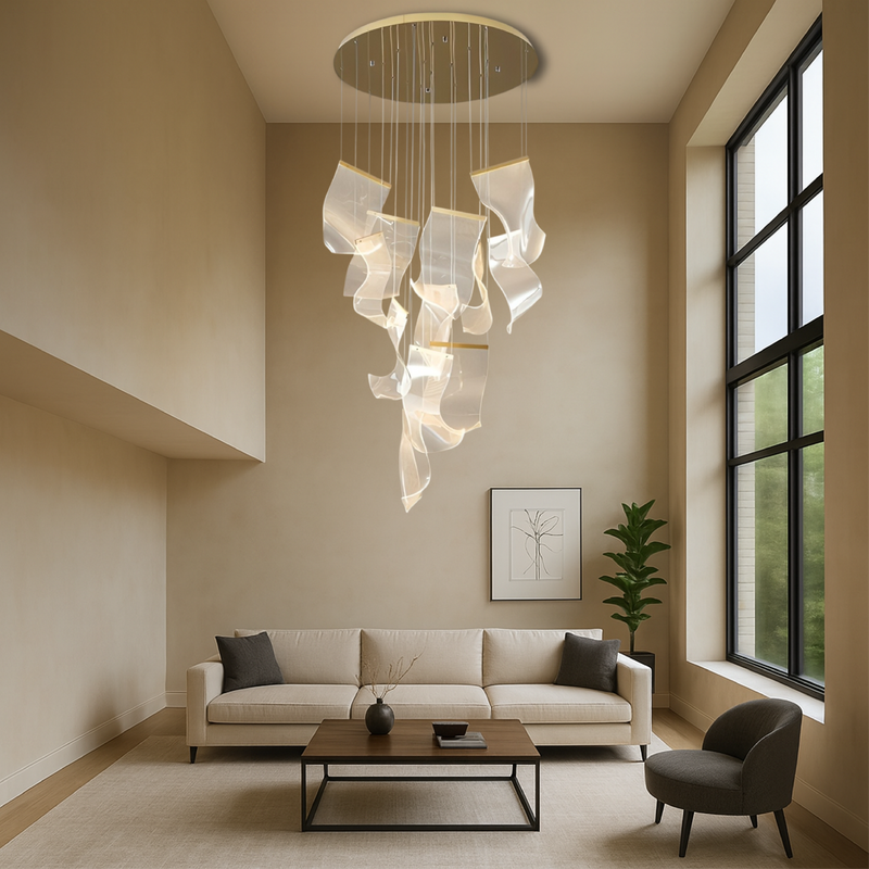 Nowoczesny Złoty Żyrandol do Salonu z Regulowaną Wysokością i Ciepłym Światłem LED – Akrylowy Design do Foyer i Jadalni 3