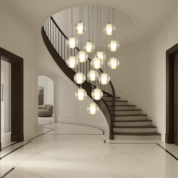 Nowoczesny Żyrandol Kryształowy z Regulowaną Wysokością do Pokoju i Schodów – Elegancki Design z Kaskadowymi Kulami 0
