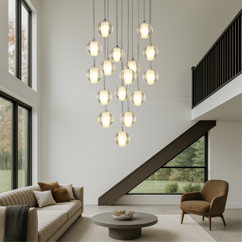 Nowoczesny Żyrandol Kryształowy z Regulowaną Wysokością do Pokoju i Schodów – Elegancki Design z Kaskadowymi Kulami 3