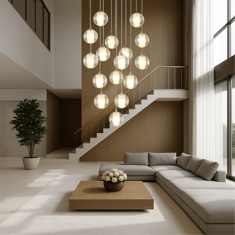 Nowoczesny Żyrandol Kryształowy z Regulowaną Wysokością do Pokoju i Schodów – Elegancki Design z Kaskadowymi Kulami 4