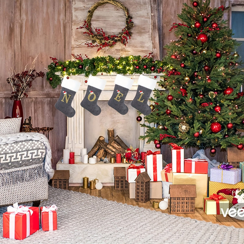 Personalizowana aksamitna skarpeta świąteczna z monogramem – nowoczesny szary wzór 3