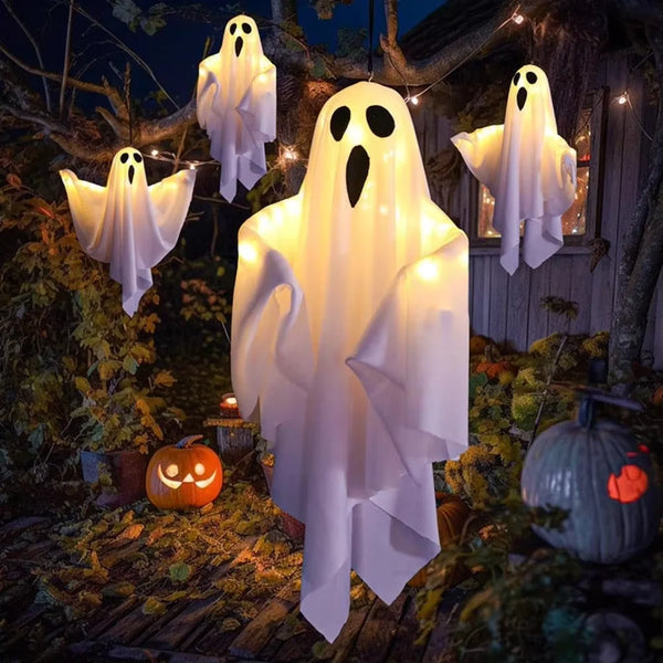 Wiszące białe duchy LED z lampkami do dekoracji Halloween w domu i ogrodzie