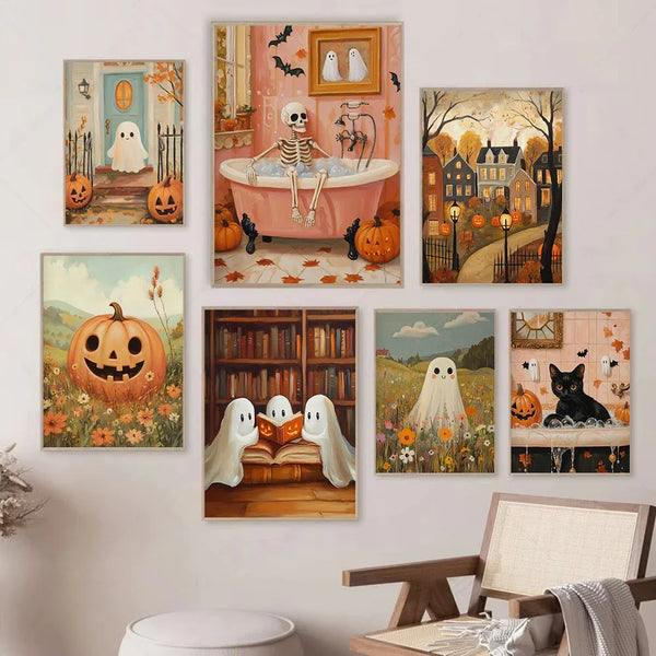 Zestaw plakatów Halloween z dyniami, duszkami i kotami — jesienna dekoracja ścienna do domu
