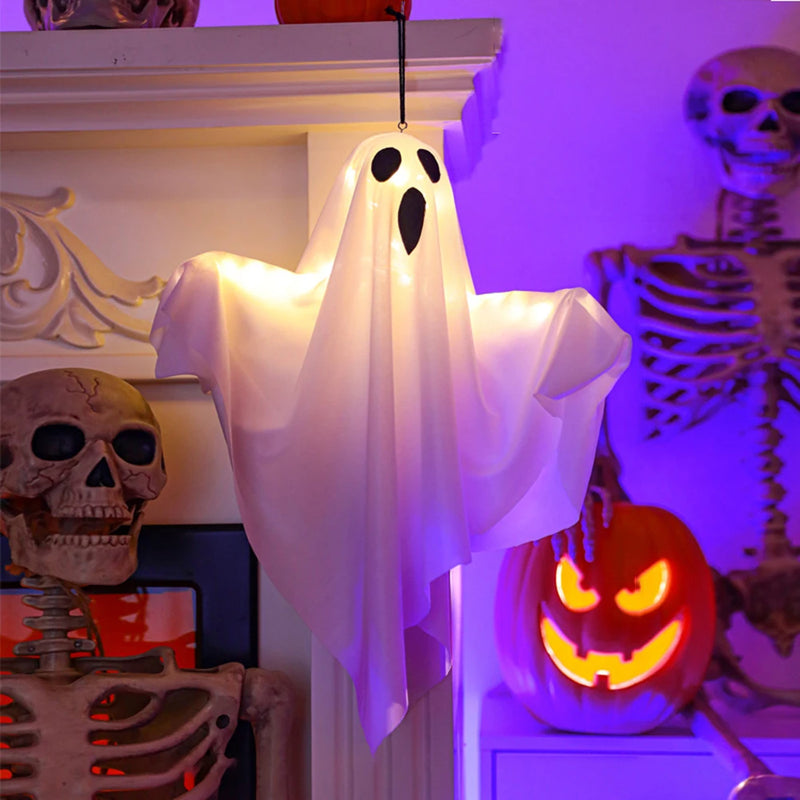 Wiszące białe duchy LED z lampkami do dekoracji Halloween w domu i ogrodzie