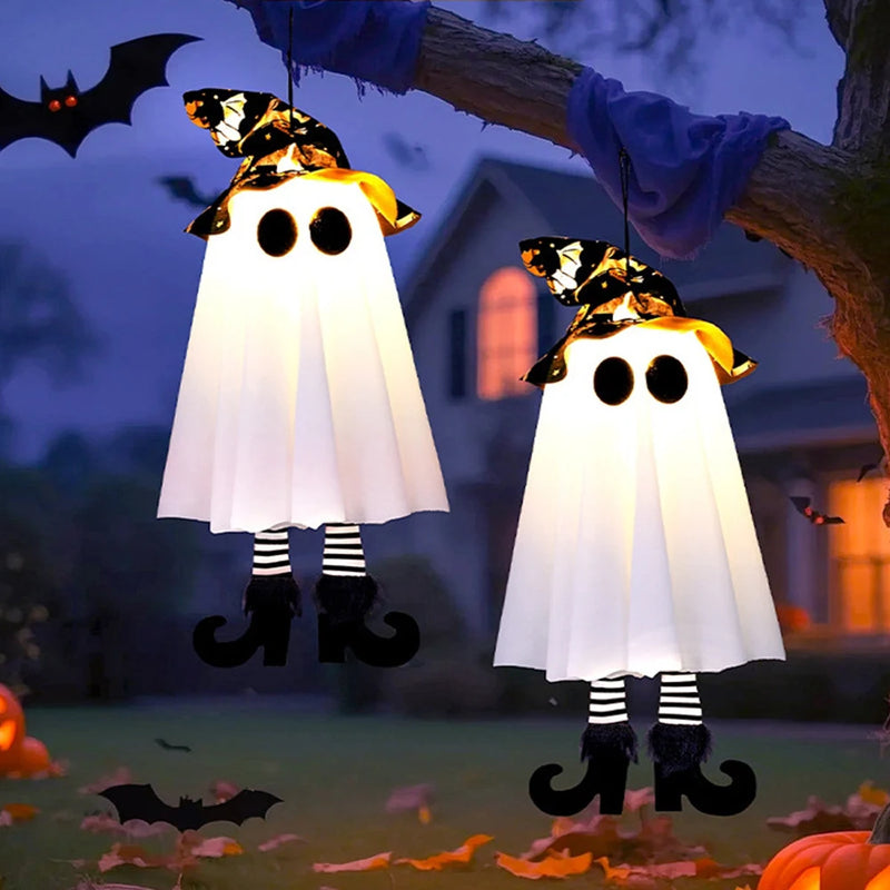 Świecące ozdoby Halloween z duchami i lampkami — idealne do zawieszenia na zewnątrz