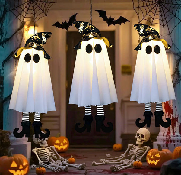 Świecące ozdoby Halloween z duchami i lampkami — idealne do zawieszenia na zewnątrz