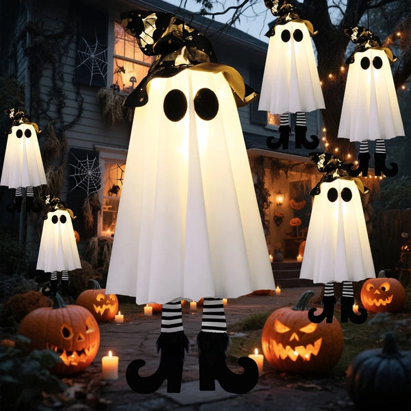 Świecące ozdoby Halloween z duchami i lampkami — idealne do zawieszenia na zewnątrz