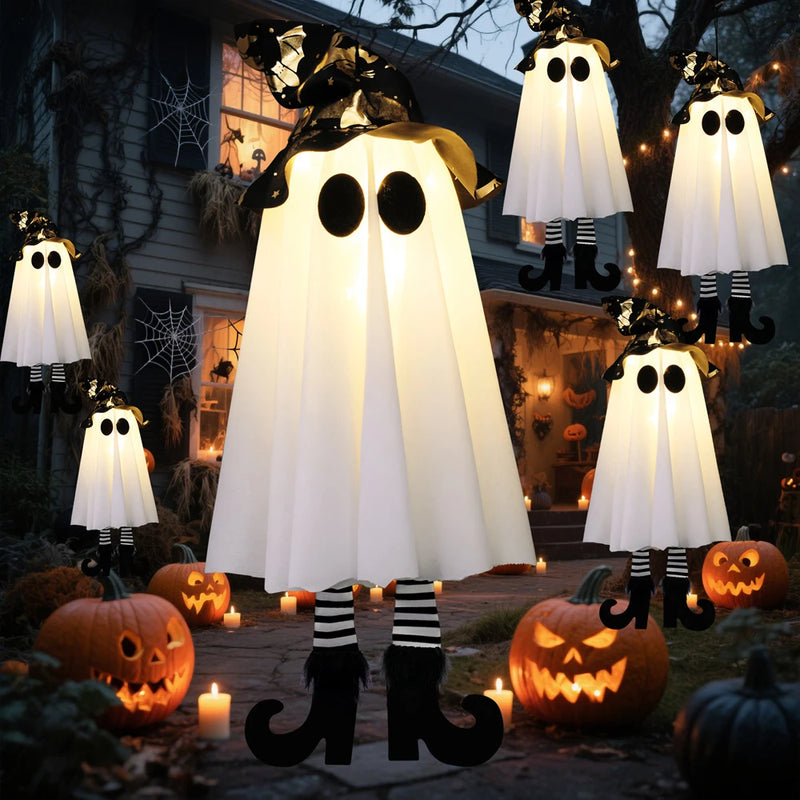 Świecące ozdoby Halloween z duchami i lampkami — idealne do zawieszenia na zewnątrz