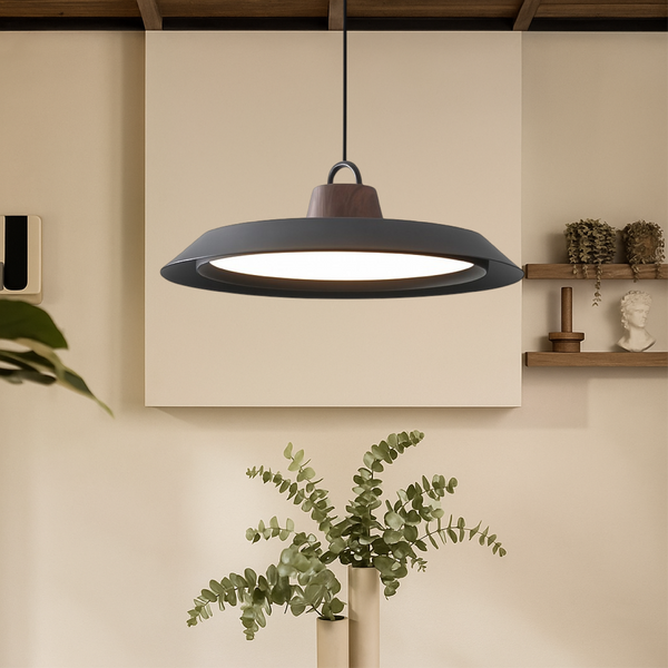 Skandynawska Lampa Wisząca z Drewna i Metalu do Salonu i Jadalni, Regulowana Długość, Ciepłe Światło 3000K 1