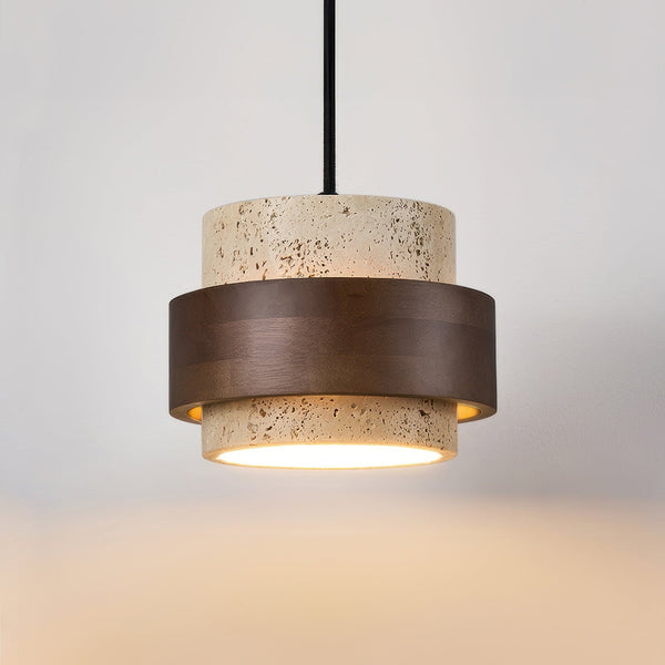 Wisiorek Wabi-Sabi Retro Stone z Naturalnego Trawertynu i Drewna – Nowoczesny Element Dekoracyjny z Regulowaną Wysokością i LED 0