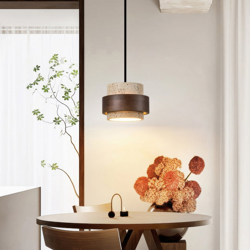 Wisiorek Wabi-Sabi Retro Stone z Naturalnego Trawertynu i Drewna – Nowoczesny Element Dekoracyjny z Regulowaną Wysokością i LED 3