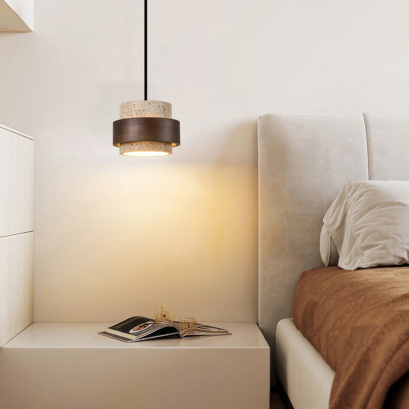 Wisiorek Wabi-Sabi Retro Stone z Naturalnego Trawertynu i Drewna – Nowoczesny Element Dekoracyjny z Regulowaną Wysokością i LED 4