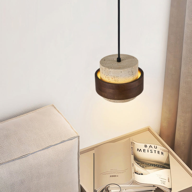 Wisiorek Wabi-Sabi Retro Stone z Naturalnego Trawertynu i Drewna – Nowoczesny Element Dekoracyjny z Regulowaną Wysokością i LED 6