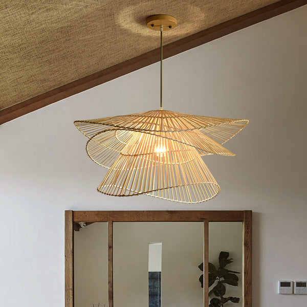 Wisząca Lampa z Rattanu i Metalu do Salonów – Naturalne Oświetlenie LED nad Stół, Średnica 65 cm, Ciepłe Światło 3000K 1