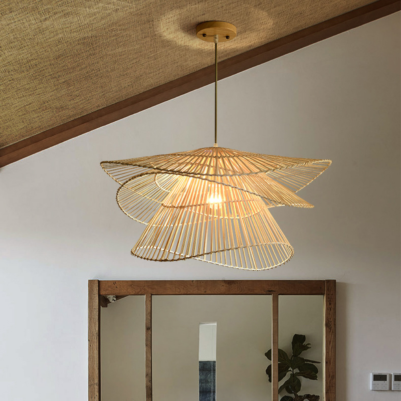Wisząca Lampa z Rattanu i Metalu do Salonów – Naturalne Oświetlenie LED nad Stół, Średnica 65 cm, Ciepłe Światło 3000K 3