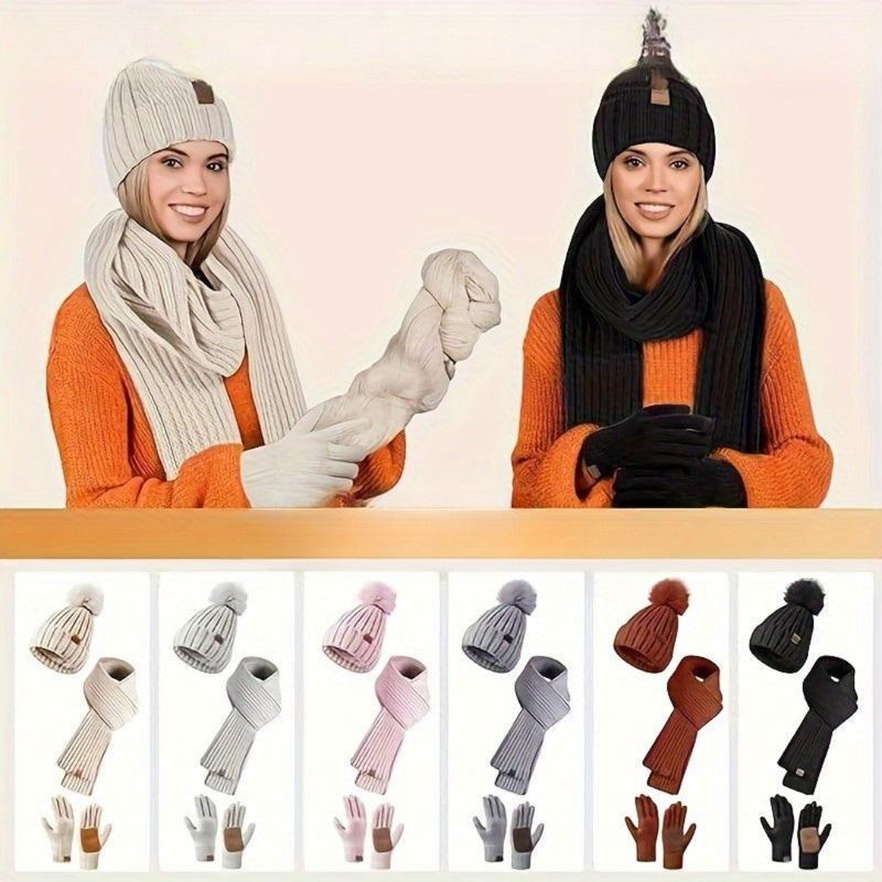 Zestaw akcesoriów zimowych 3 w 1 z dzianinową czapką, szalikiem i rękawiczkami z funkcją obsługi ekranów dotykowych – unisex i ciepły 3