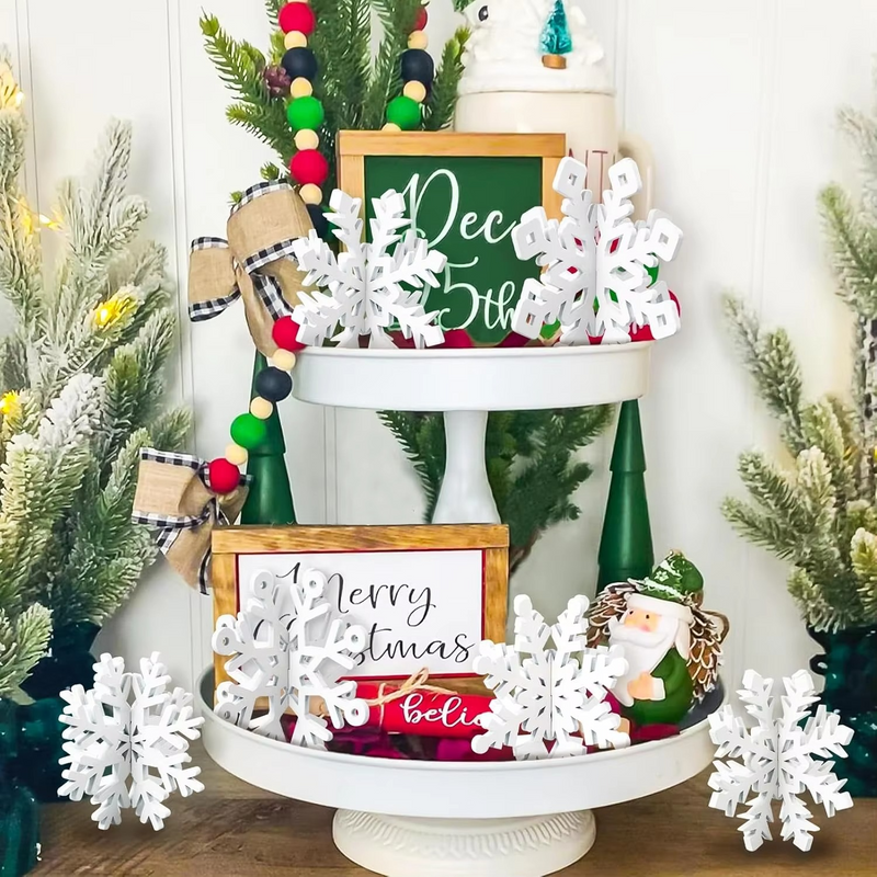 Zestaw 6 Drewnianych Płatków Śniegu Ozdoby na Stół Białe